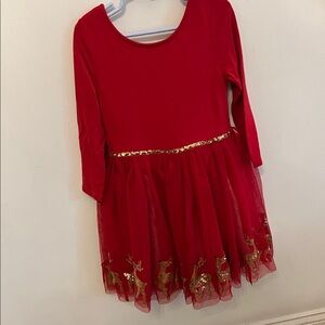 Red and Gold Christmas Dress with Sequins Reindeer